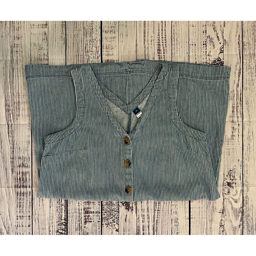 Old Navy Hickory Stripe Denim Pinafore Overall Dress Button Front Pockets M
